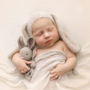 Photoshoot of a Newborn baby Holding a Bunny while sleeping